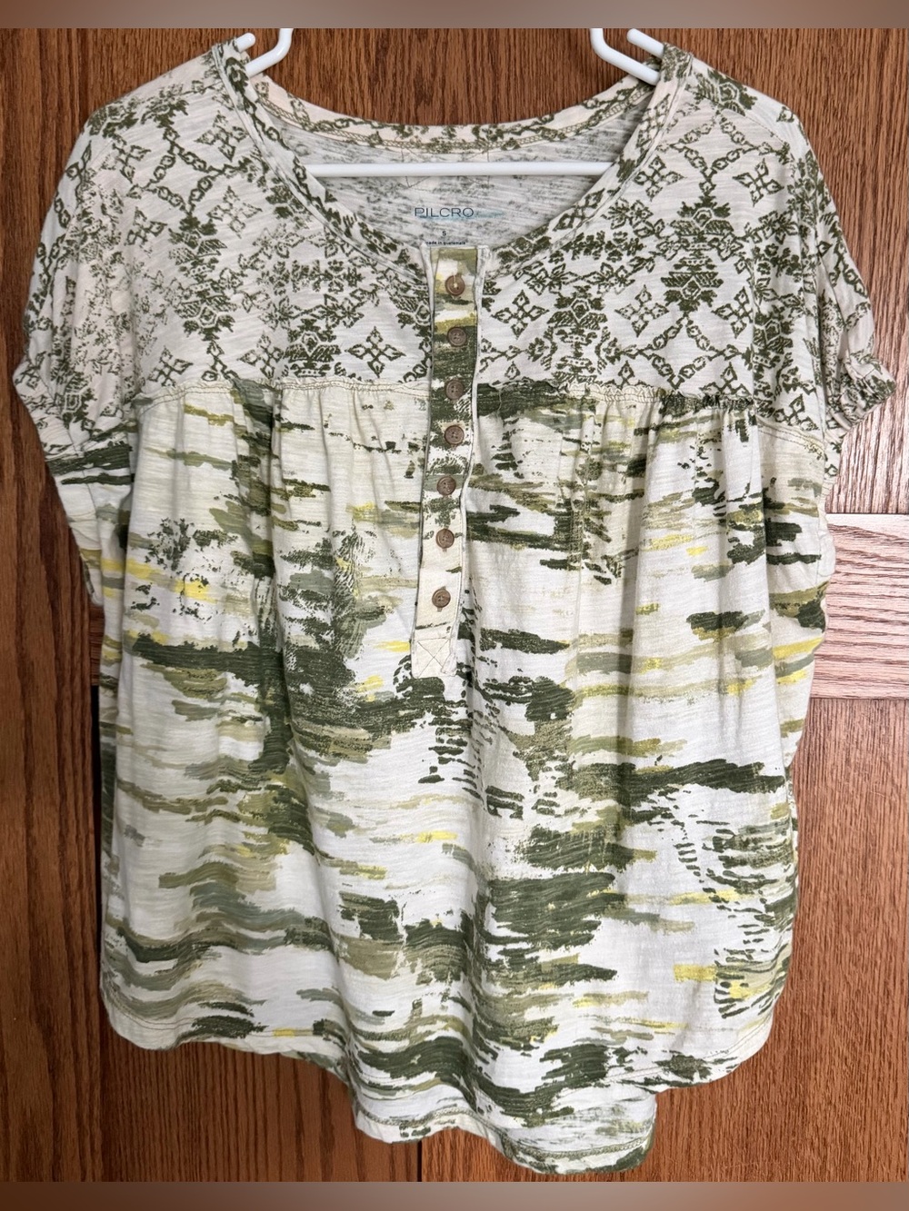 Pilcro Olive, Cream & Yellow Printed Short-Sleeve Ruched sleeve Henley Tunic